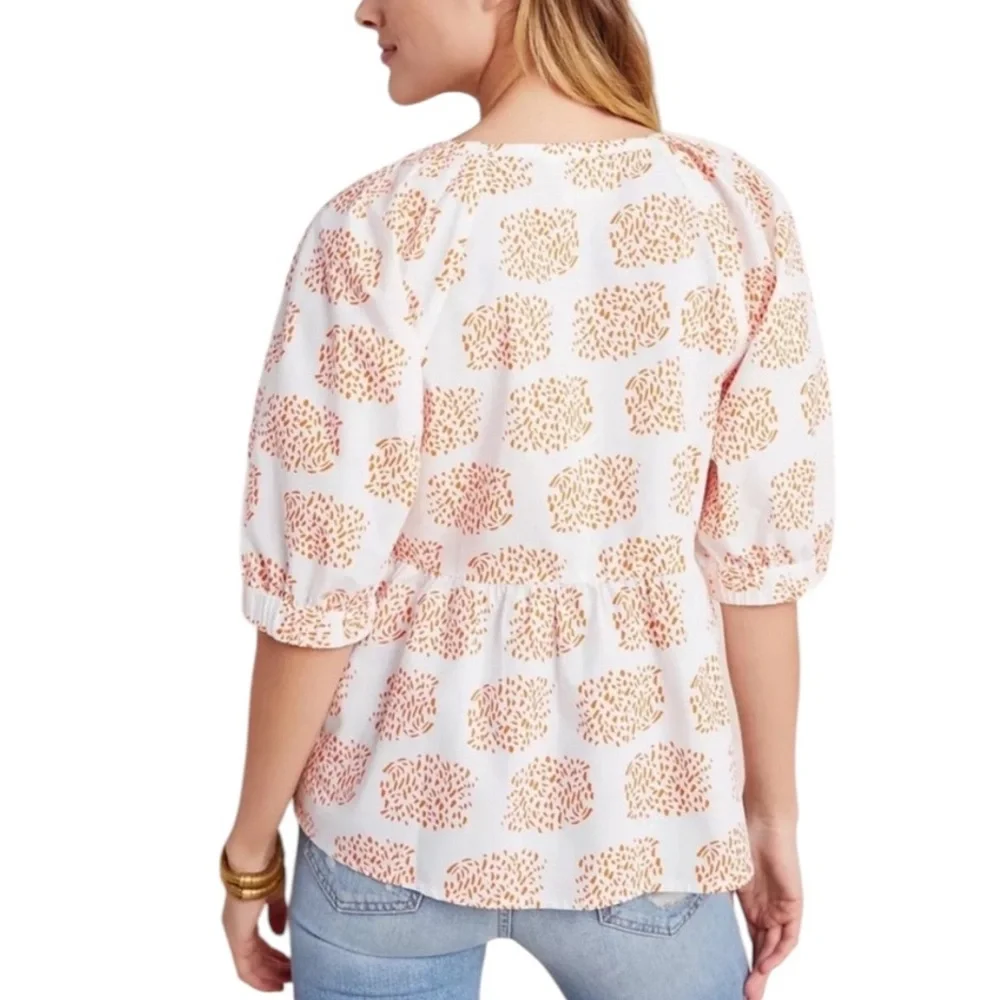 Anthropologie Moglea Danae White & Orange Puff Sleeve Babydoll Poplin Blouse - M